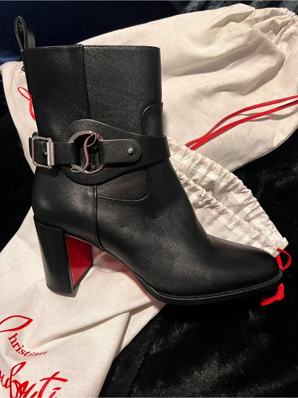 Christian Louboutin Black Leather Mid-Heel Ankle Boots with Red Sole - Picture 1 of 6